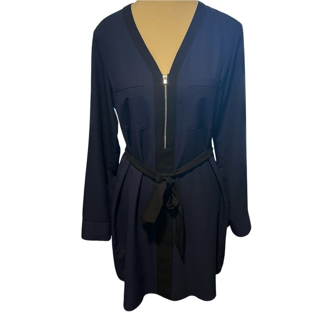 Express Sz S Roll Up Sleeve Dress‎ Black Trim Ribbon Belt Navy Business Casual